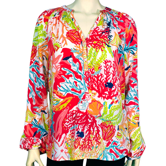 Charlie Paige Tops - 3-FOR-$30 Charlie Paige Sz M Smocked V-Neck Blouse Puff Sleeve Coral Print Silky